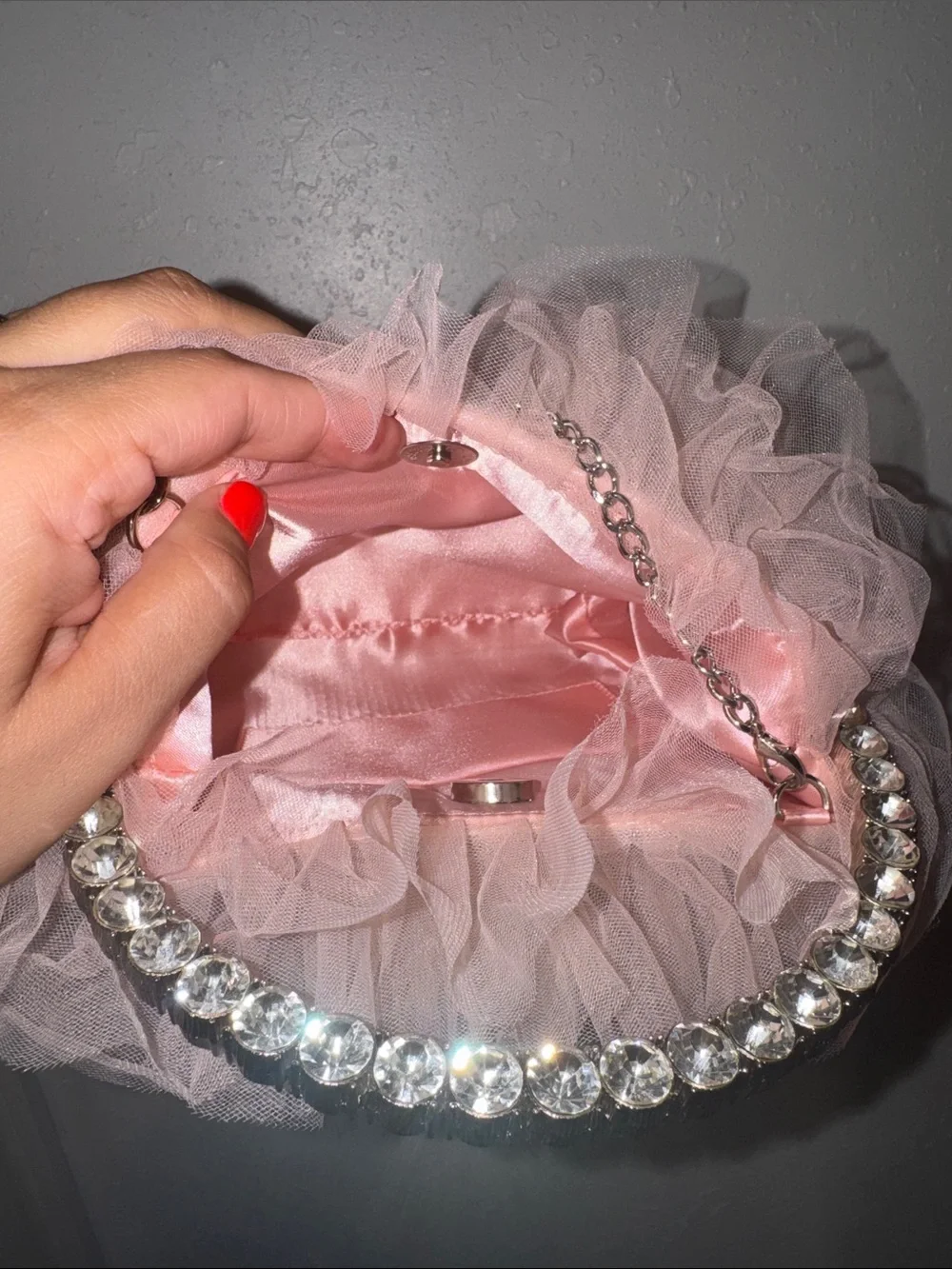 Pink Ruffled Tulle Evening Bag with Crystal Handle